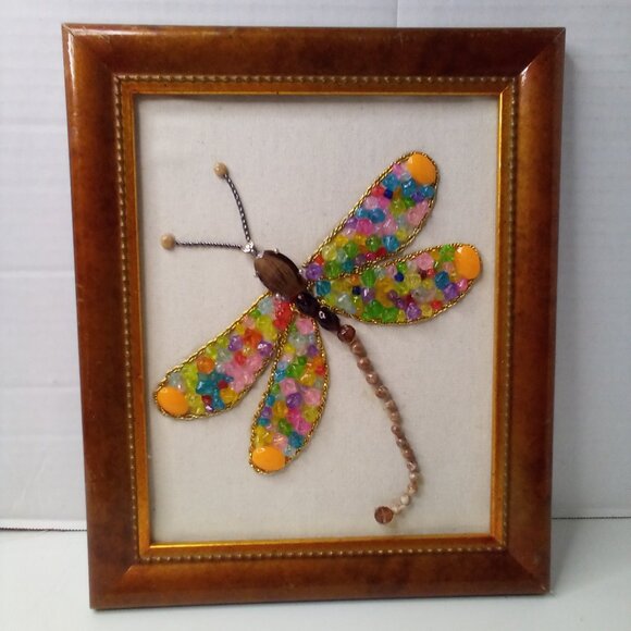 Handmade Dragonfly Beaded Artwork Stones Mixed Media Canvas Framed Decor 12 x 10 - Picture 2 of 15